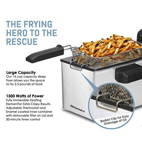 elite gourmet edf-3500 electric immersion deep fryer. removable basket, timer control adjustable temperature, lid with viewin