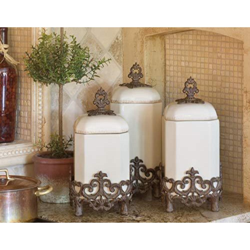 GG Collection 15-inch tall provencial cream canister with brown metal scrolled base