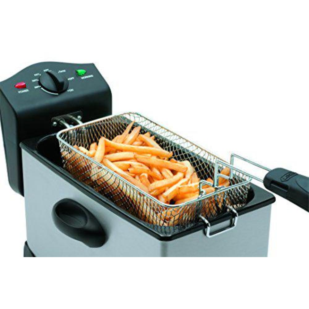 salton stainless steel deep fryer, 3 liter oil capacity with wire mesh basket, adjustable temperature control and ready light