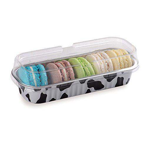 Restaurantware 6.5 x 2.6 x 1.2 inch disposable loaf pans with lids, 100 rectangle disposable bread pans - dome lid, oven-safe, cow print alu