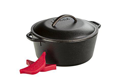 lodge cast iron dutch oven with handle holders, 5 quart, black/red