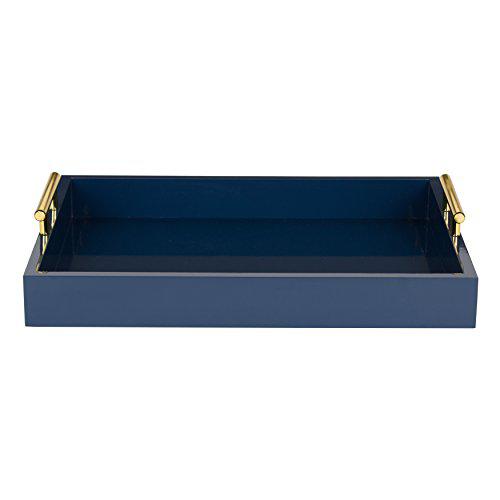 kate and laurel lipton decorative tray with polished metal handles, navy blue and gold