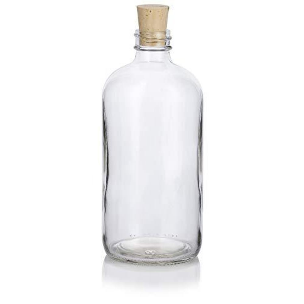JUVITUS 16 oz clear glass boston round bottle with cork stopper closure (4 pack) + funnel