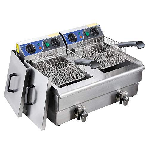 koval inc. stainless steel commercial electric deep fat fryer with drain and basket (20l, silver double tank)