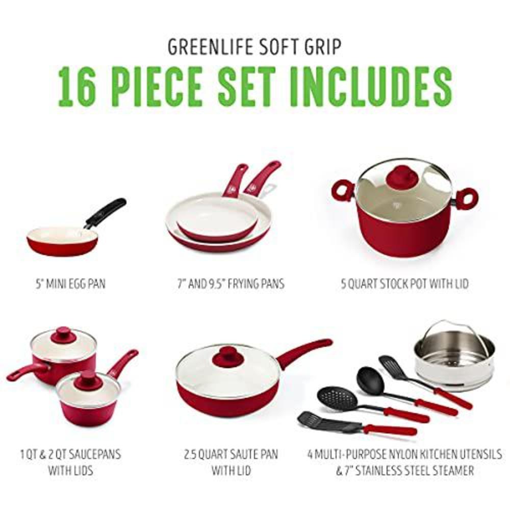 greenlife soft grip healthy ceramic nonstick 16 piece cookware pots and pans set, pfas-free, dishwasher safe, red