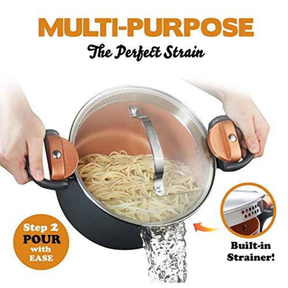 gotham steel 5 quart stock multipurpose pasta pot with strainer lid & twist and lock handles, nonstick ceramic surface makes 