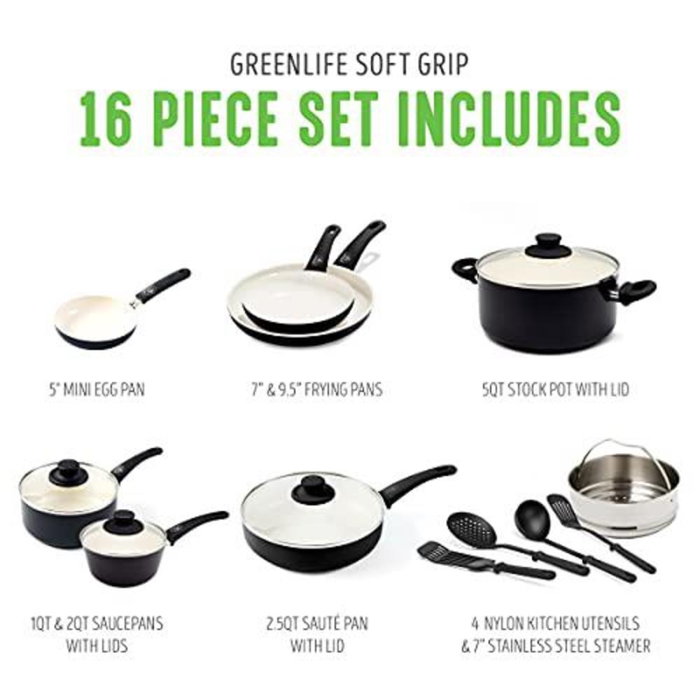 greenlife soft grip healthy ceramic nonstick, 16 piece cookware pots and pans set, pfas-free, dishwasher safe, black & cream