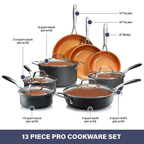 gotham steel pro hard anodized pots and pans 13 piece premium cookware set with ultimate nonstick ceramic & titanium coating,