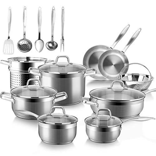 duxtop professional stainless steel induction cookware set, 19pc kitchen pots and pans set, heavy bottom with impact-bonded t