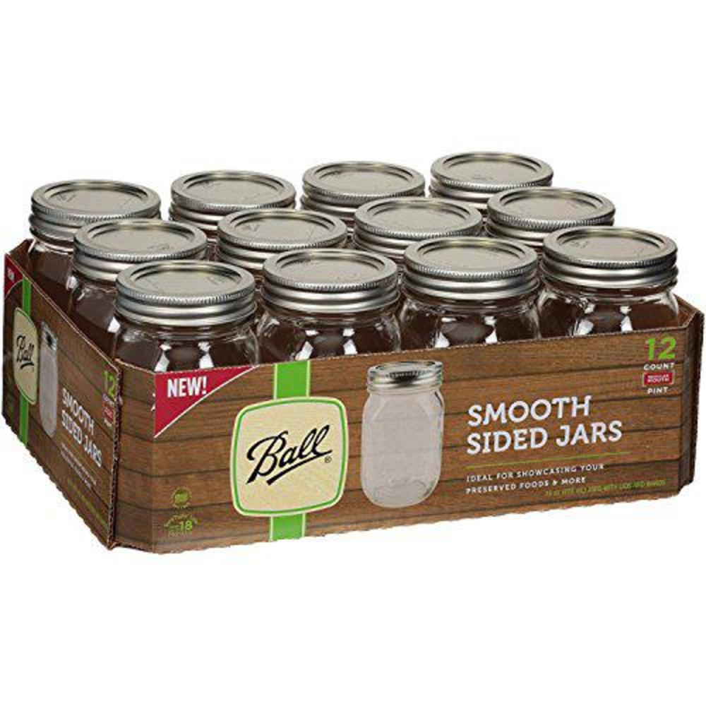 ball regular mouth smooth sided pint 16 oz. glass mason jars with lids and bands, 12 count (4 pack)