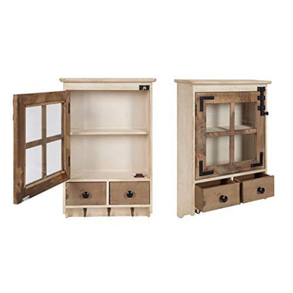 kate and laurel hutchins decorative farmhouse wood wall cabinet with window pane glass door and 2 storage drawers, rustic and