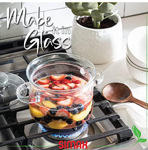 simax glass cookware, 64 oz (2 quart) clear glass pot, glass saucepan, potpourri simmer pot with lid, easy grip handles, made
