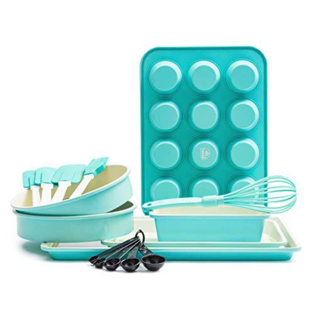 greenlife bakeware healthy ceramic nonstick, 12 piece baking set with cookie sheets muffin cake and loaf pans including utens