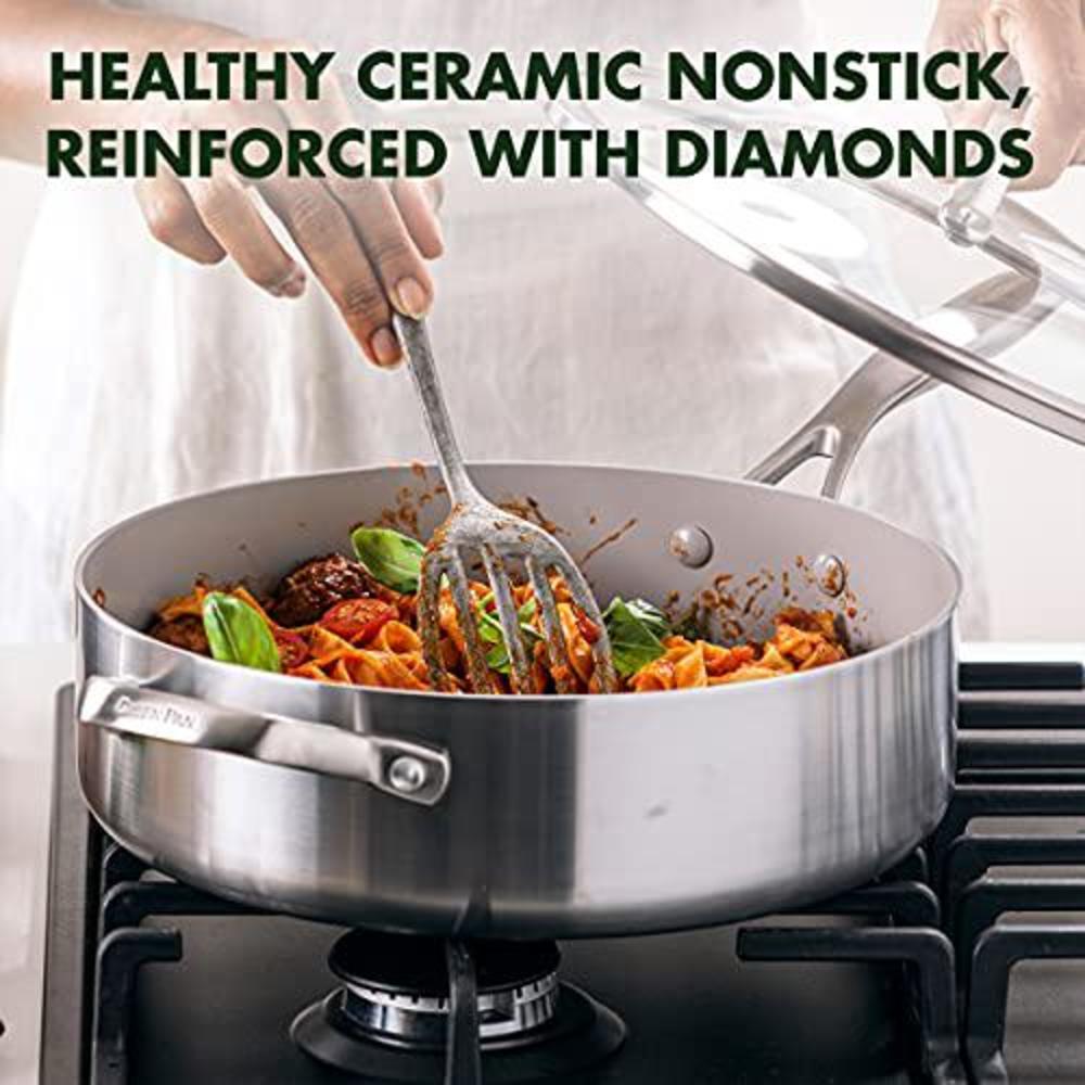 Green Pan greenpan venice pro tri-ply stainless steel healthy ceramic nonstick 5qt saute pan jumbo cooker with helper handle and lid, p
