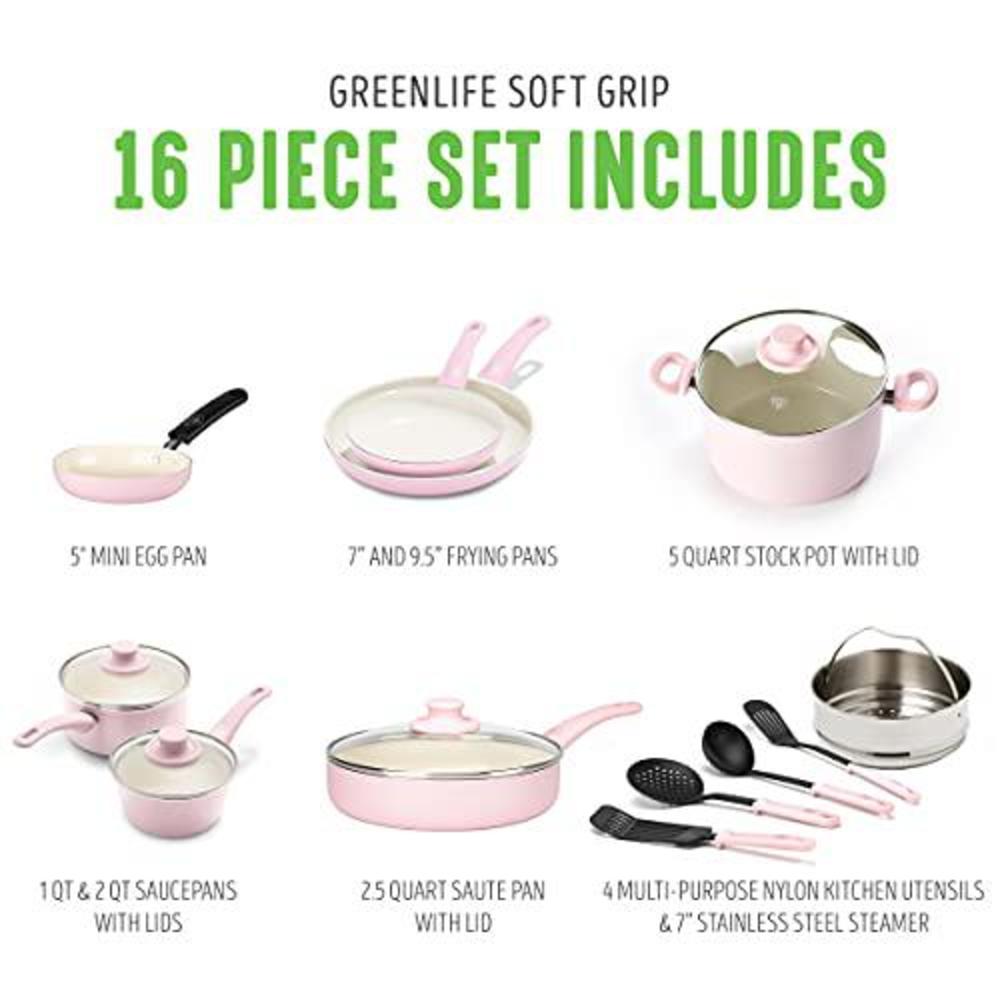 greenlife soft grip healthy ceramic nonstick, 16 piece cookware pots and pans set, pfas-free, dishwasher safe, soft pink