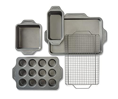all-clad pro-release nonstick bakeware set including half sheet, cooling & baking rack, round cake, loaf pan, 5 piece, gray