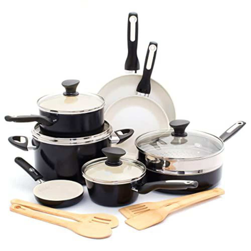 Green Pan greenpan rio healthy ceramic nonstick 16 piece cookware pots and pans set, pfas-free, dishwasher safe, black