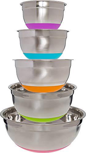lake industries stainless steel mixing bowls (5 piece set) - colorful non-slip base - easy to clean, premium nesting bowls (1