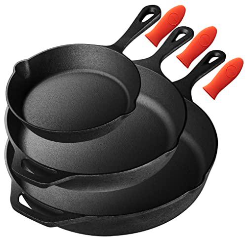 nutrichef pre-seasoned cast iron skillet 3 pieces kitchen frying pan nonstick cookware set w/drip spout, silicone handle, for