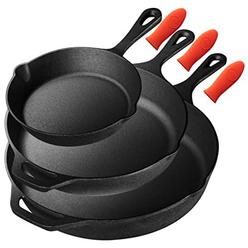 nutrichef pre-seasoned cast iron skillet 3 pieces kitchen frying pan nonstick cookware set w/drip spout, silicone handle, for
