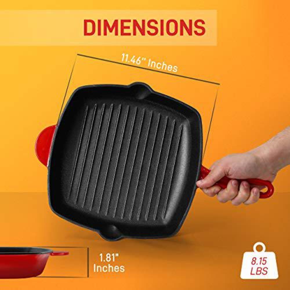 nutrichef nonstick cast iron grill pan - 11-inch kitchen square cast iron skillet grilling pan, enameled cast iron skillet st