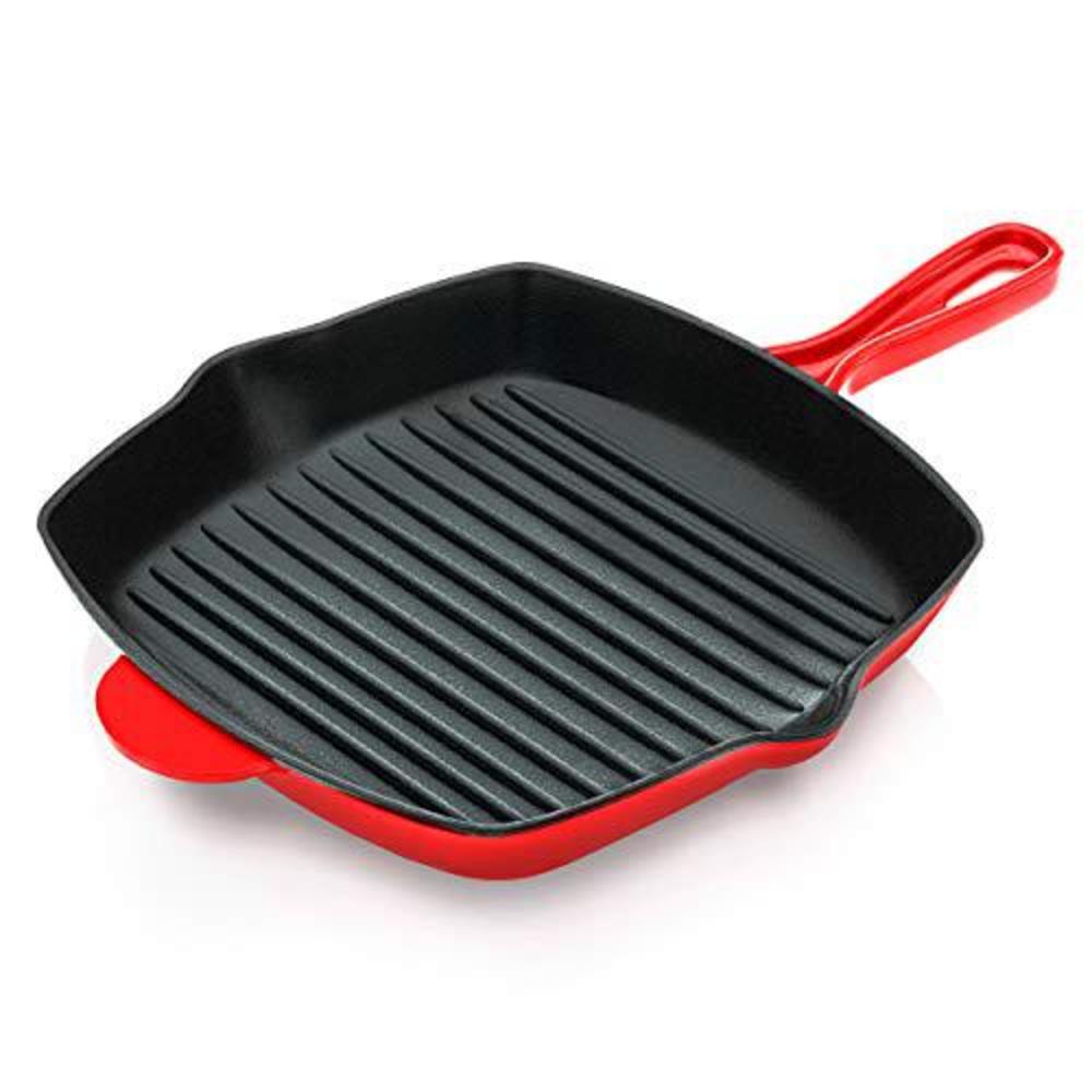 nutrichef nonstick cast iron grill pan - 11-inch kitchen square cast iron skillet grilling pan, enameled cast iron skillet st