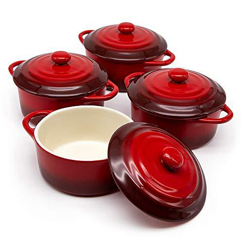 KOOK 12oz mini cocotte, by kook, casserole dish, ceramic make, easy to lift lid, crimson red, set of 4,