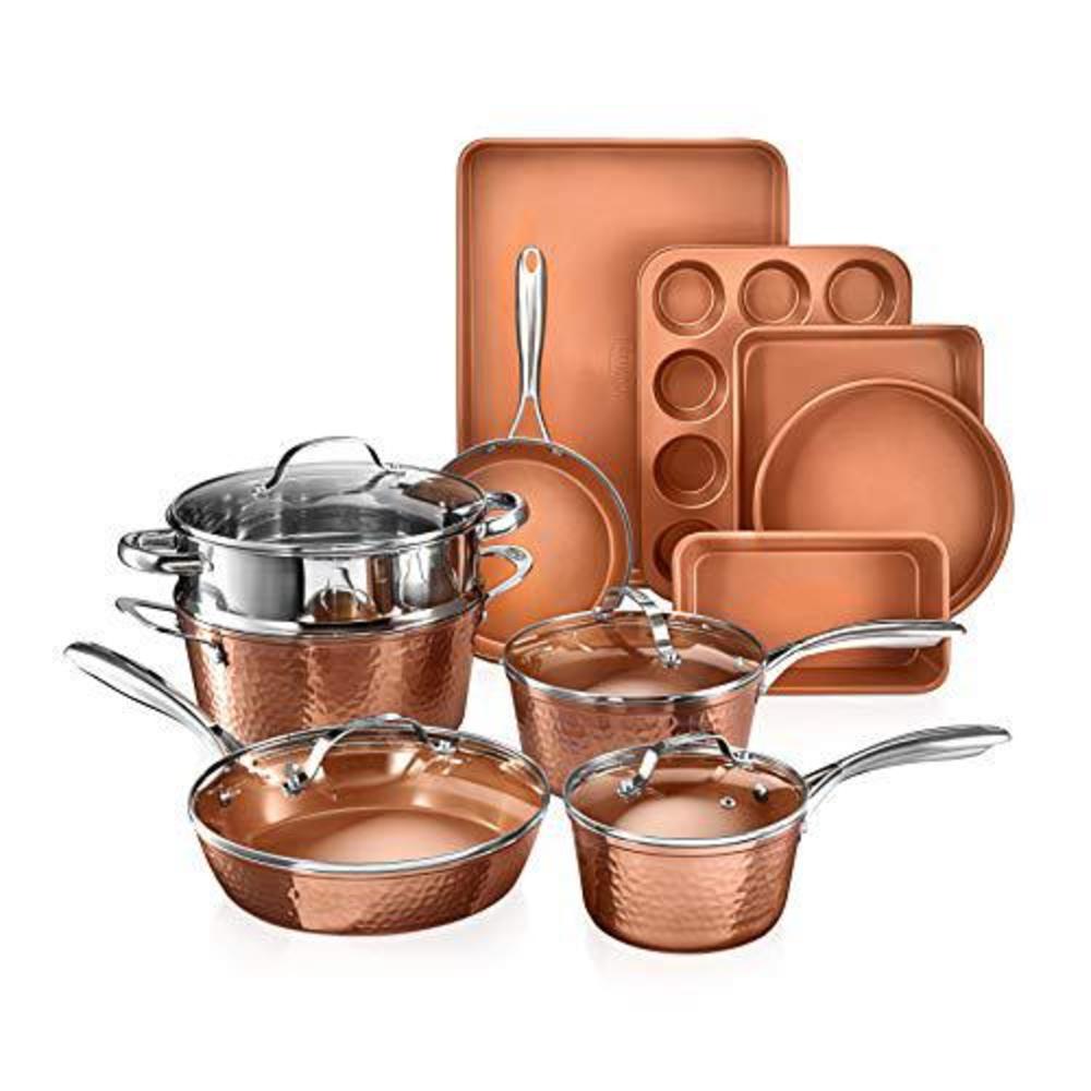 gotham steel hammered copper collection - 15 piece premium cookware & bakeware set with nonstick coating, aluminum compositio