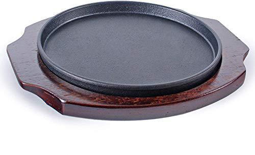 happy sales hsgrd-rnd95, large cast iron steak plate sizzle griddle with wooden base steak pan grill fajita server plate hous