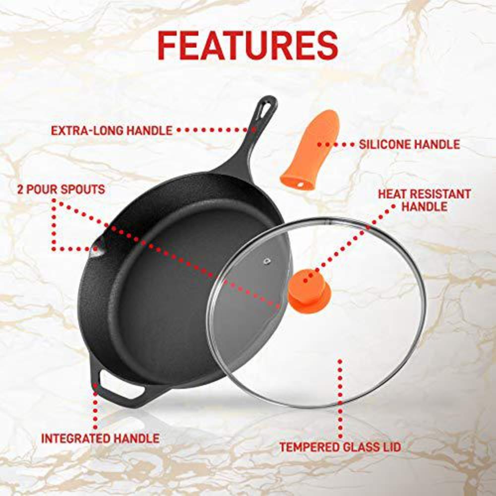 nutrichef 12" pre-seasoned cast iron pfoa-free oven safe kitchen nonstick cookware frying pan skillet w/glass lid, drip spout