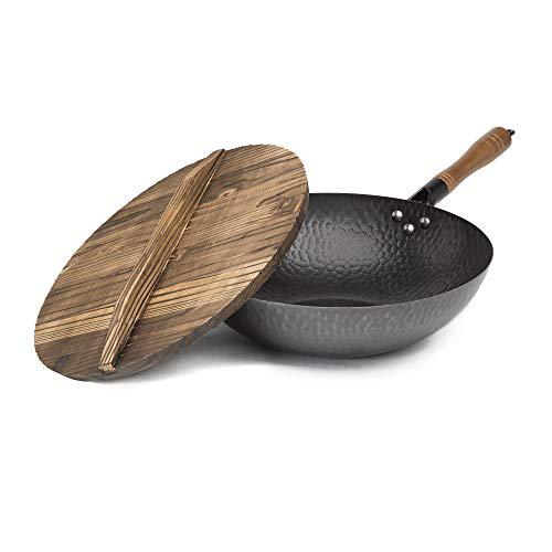 Goodful goodful carbon steel wok, hammered pow wok with wooden lid
