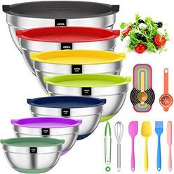 AIKKIL mixing bowls with airtight lids, 20 piece stainless steel metal nesting bowls, aikkil non-slip colorful silicone bottom, size