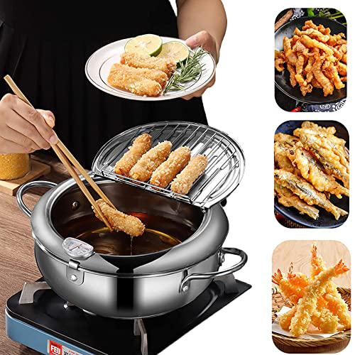 DIY HOME deep fryer pot, japanese tempura small deep fryer stainless steel frying pot with thermometer,lid and oil drip drainer rack f
