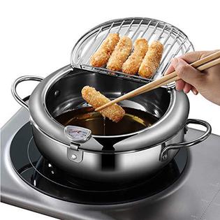 Deep Fryer Pot, Japanese Tempura Small Deep Fryer Stainless Steel Frying Pot with Thermometer,Lid and Oil Drip Drainer Rack for French Fries