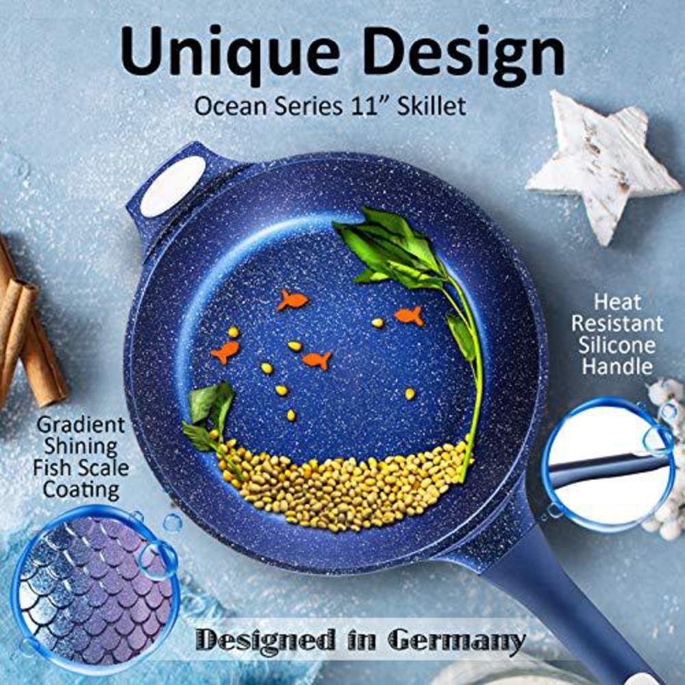 Ailwyn 11? nonstick deep frying pan with lid - 11 inch nonstick skillets frying pan with usa blue gradient granite derived coating, 
