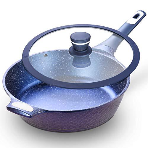 Ailwyn 11 Nonstick Deep Frying Pan with Lid 11 inch Nonstick Skillets Frying Pan with USA Blue Gradient Granite Derived Coating Heat-resisted Silicon