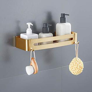 Hoinerus Brushed Gold Shower Shelf Adhesive or Drilling Shower Caddy Bathroom Cosmetic Shelf with Hooks
