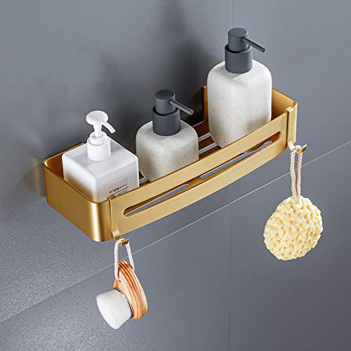 Hoinerus brushed gold shower shelf adhesive or drilling shower caddy  bathroom cosmetic shelf with hooks
