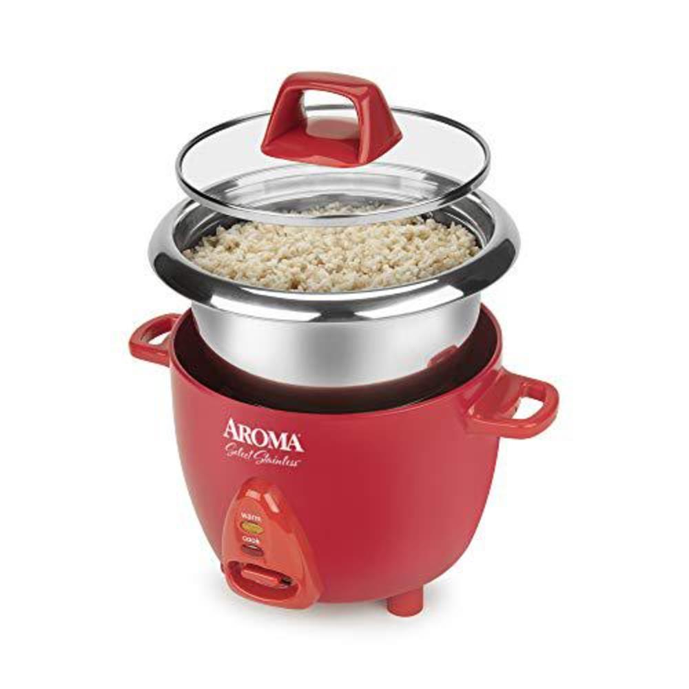 aroma housewares select stainless rice cooker & warmer with uncoated inner pot, 6-cup(cooked)/ 1.4qt, arc-753sgr, red