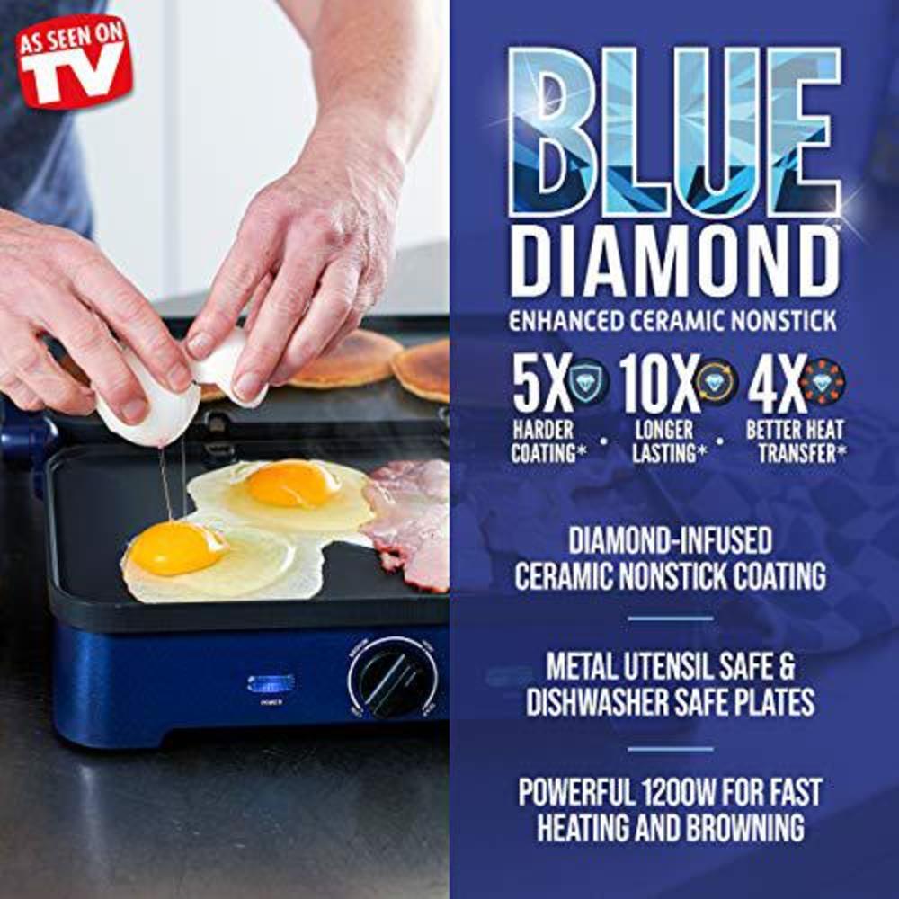 blue diamond ceramic nonstick, electric contact sizzle griddle with grill and waffle plates, open flat design, dishwasher saf