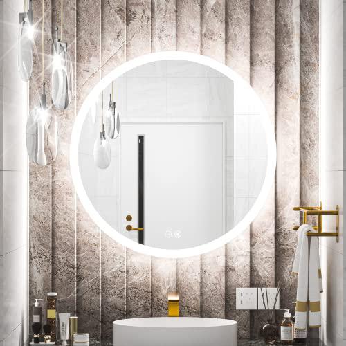 tokeshimi led round mirror 28 inch bathroom vanity mirror dimmable wall mounted anti-fog circle makeup mirror with lights