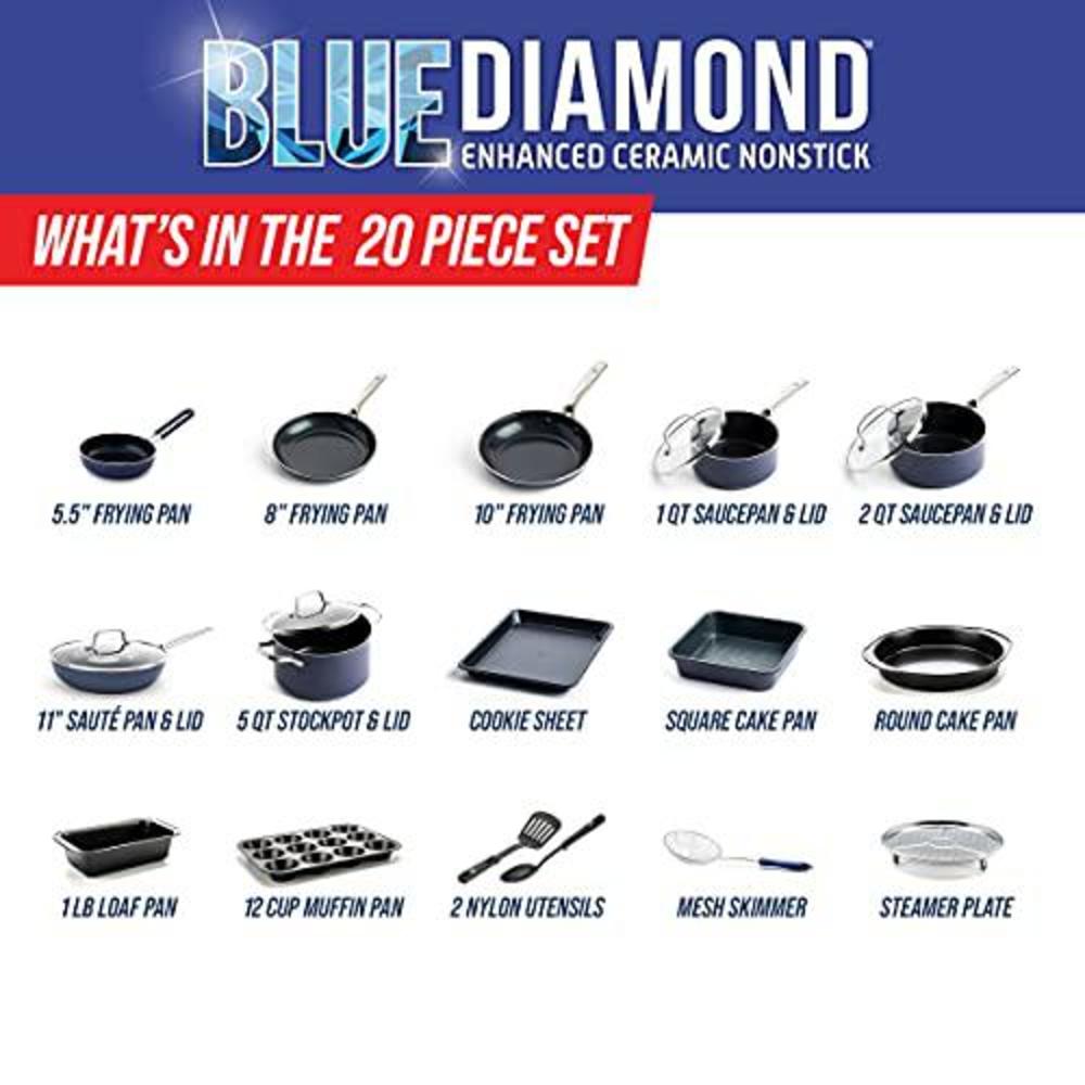 blue diamond cookware diamond infused ceramic nonstick 20 piece cookware bakeware pots and pans set, pfas-free, dishwasher sa