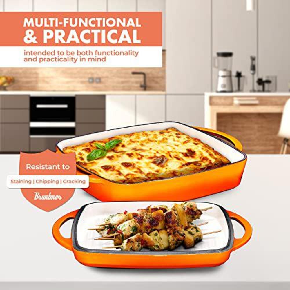 Bruntmor 2 in 1 enameled square cast iron baking pan cookware dish with grill lid, 11-inch multi baker casserole dish, lasagna pan, pu