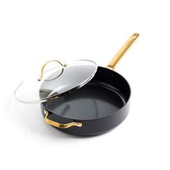 Green Pan greenpan reserve hard anodized healthy ceramic nonstick 4.5qt saute pan jumbo cooker with helper handle and lid, gold handle,