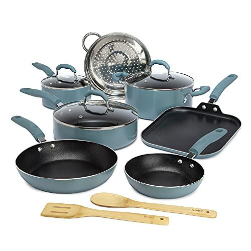 goodful 12 piece cookware set with premium non-stick coating, dishwasher safe pots and pans, tempered glass steam vented lids