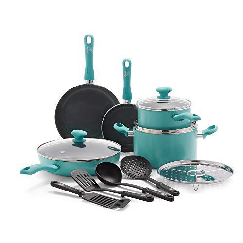 greenlife soft grip diamond healthy ceramic nonstick 13 piece cookware pots and pans set, pfas-free, dishwasher safe, turquoi