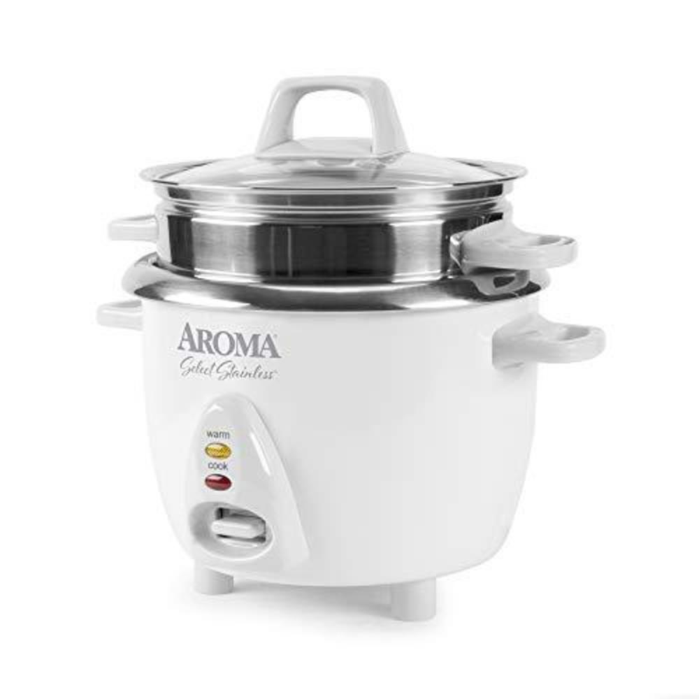aroma housewares 6-cup (cooked) / 1.2qt. select stainless pot-style rice  cooker, & food steamer, one-touch operation, white