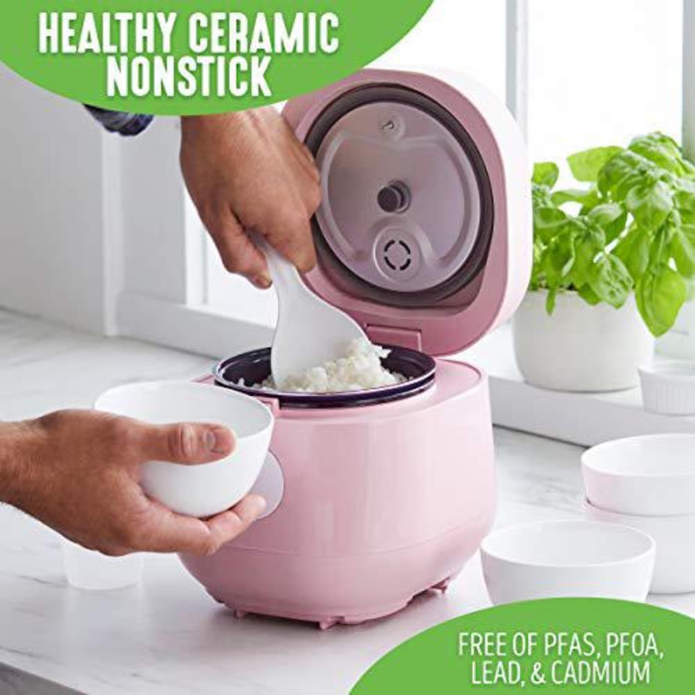 greenlife healthy ceramic nonstick 4-cup rice oats and grains cooker, pfas-free, dishwasher safe parts, pink