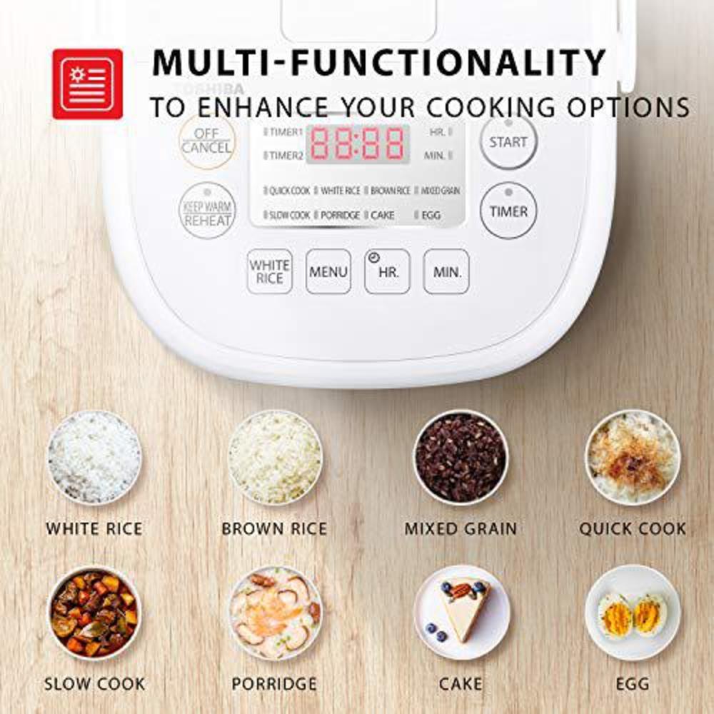 toshiba digital programmable rice cooker, steamer & warmer, 3 cups uncooked rice with fuzzy logic and one-touch cooking, 24 h