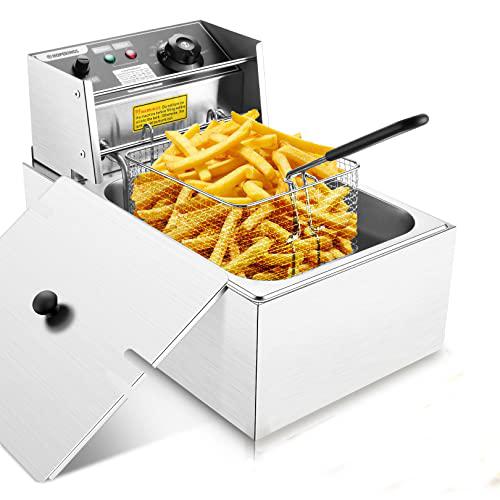 AKEYDIY electric deep fryer with basket & lid, 1700w 6l stainless steel commercial frying machine, countertop french fryer with tempe
